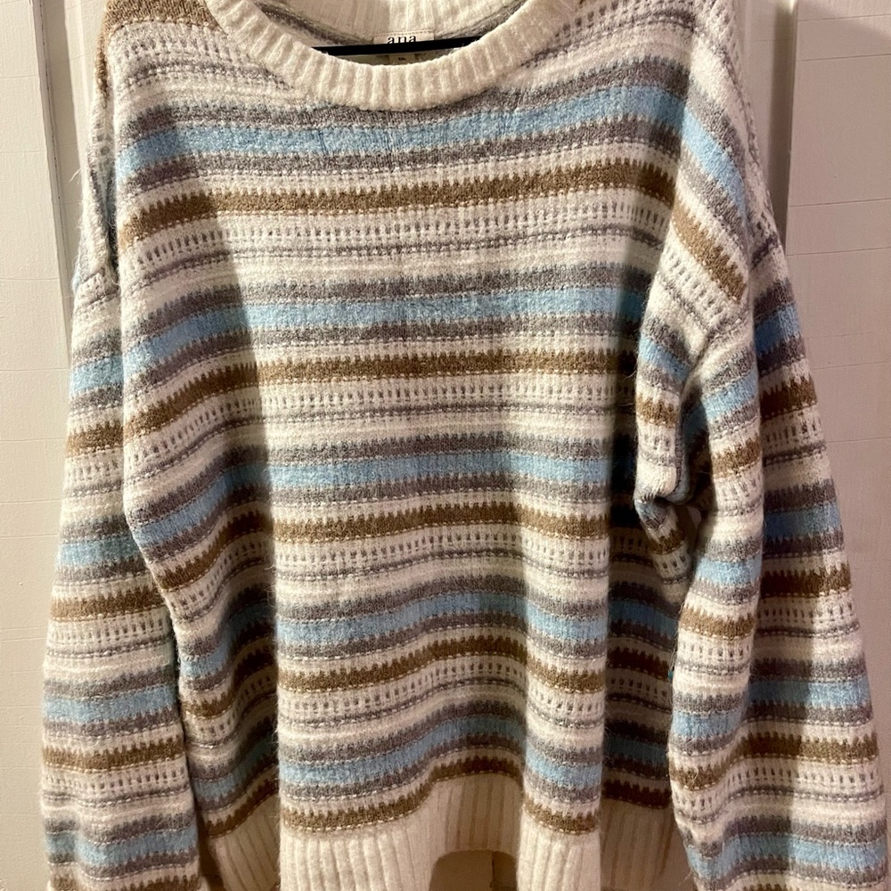 Cottage Core | Blue & Taupe Striped Sweater, Size XXL